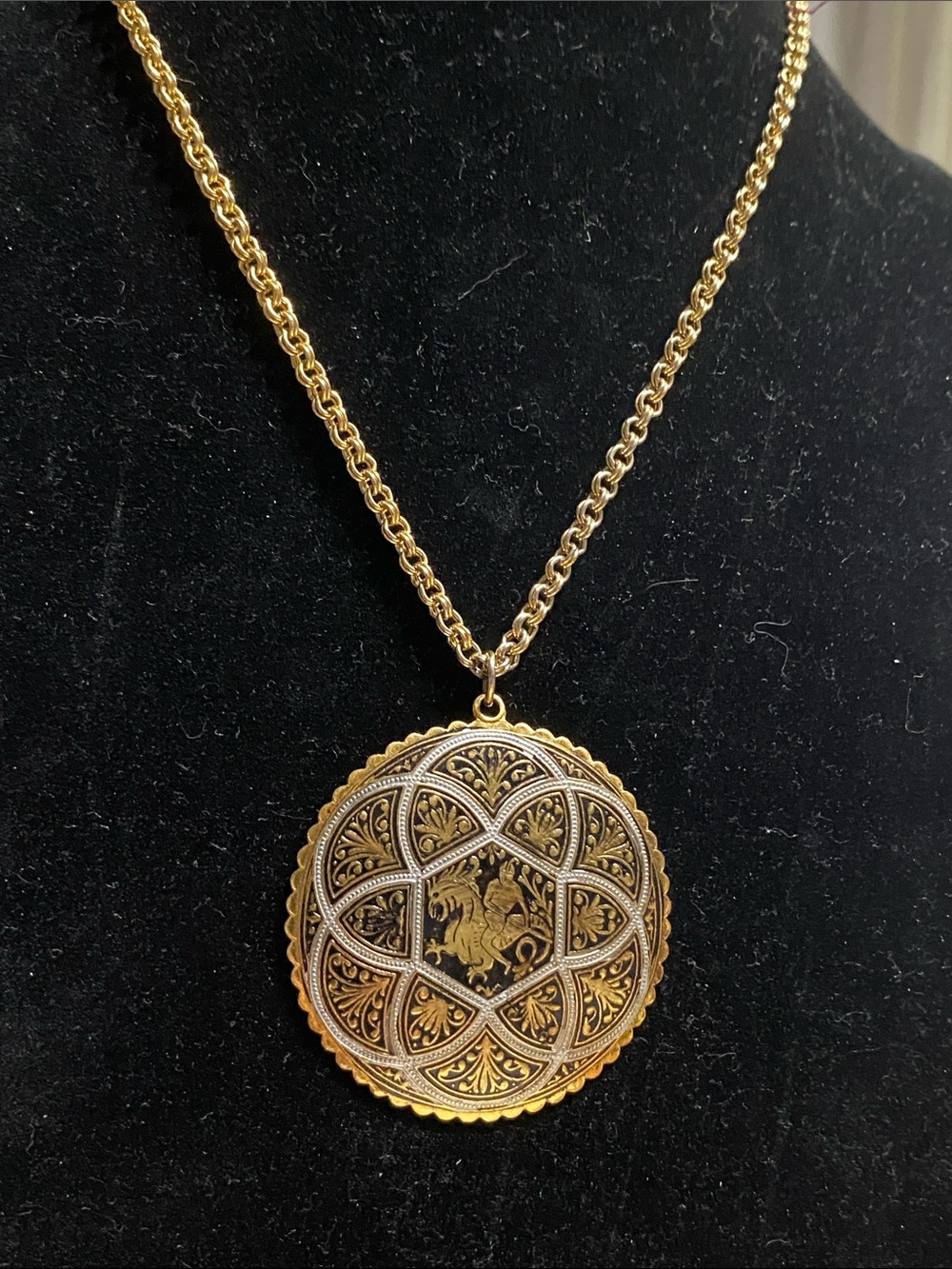 Damascene Gold Filigree Spanish Medallion Pendant Necklace